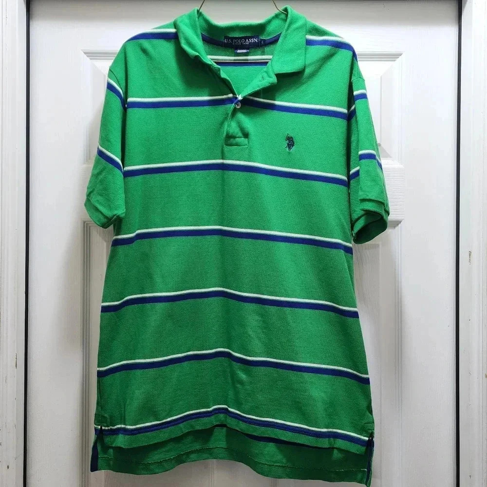 US Polo Assn Men's Polo Shirt Large Green Blue Striped Embroidered Logo Sleeve - Picture 2 of 10